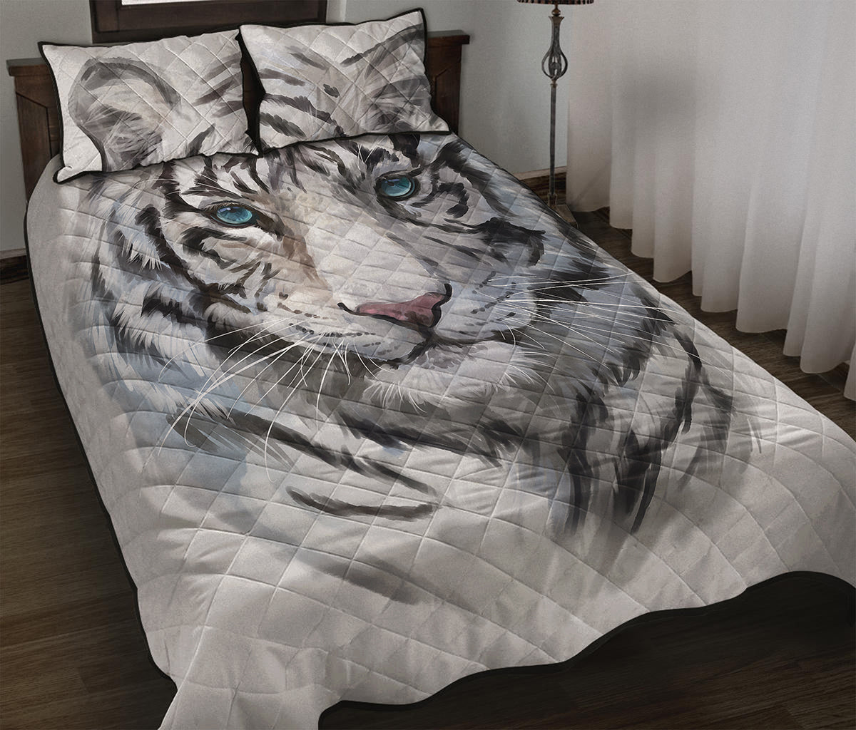 Watercolor White Bengal Tiger Print Quilt Bed Set