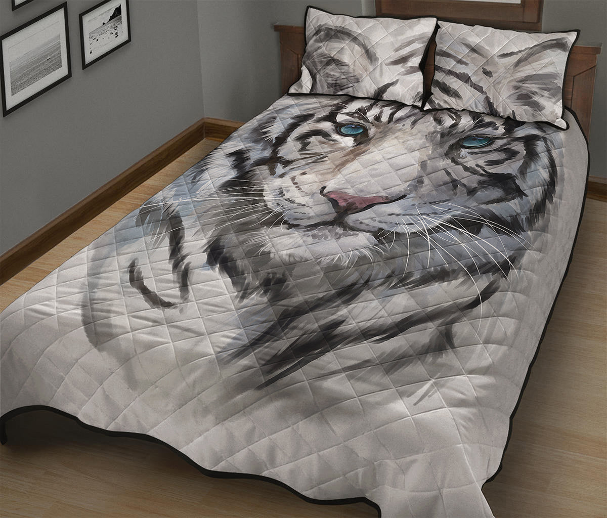 Watercolor White Bengal Tiger Print Quilt Bed Set