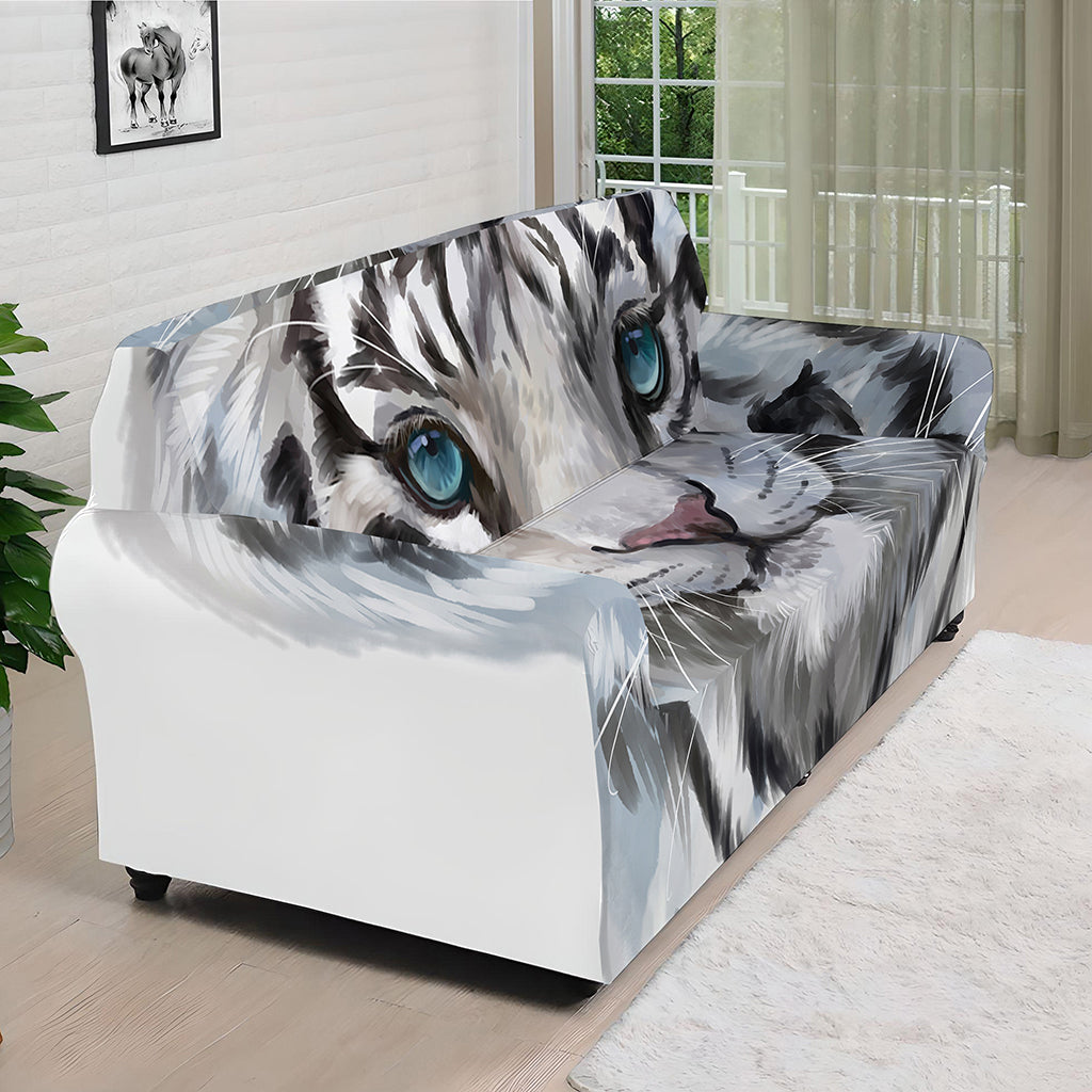 Watercolor White Bengal Tiger Print Sofa Cover