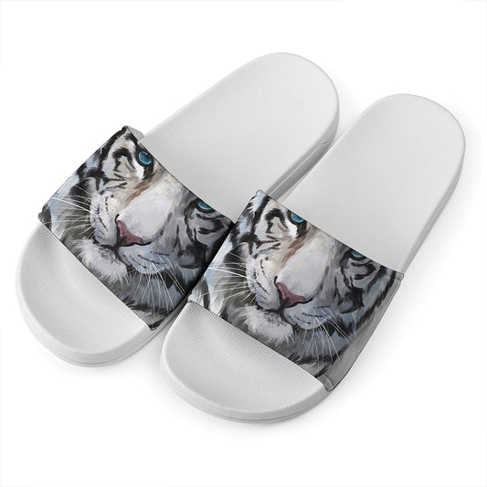 Watercolor White Bengal Tiger Print White Slide Sandals