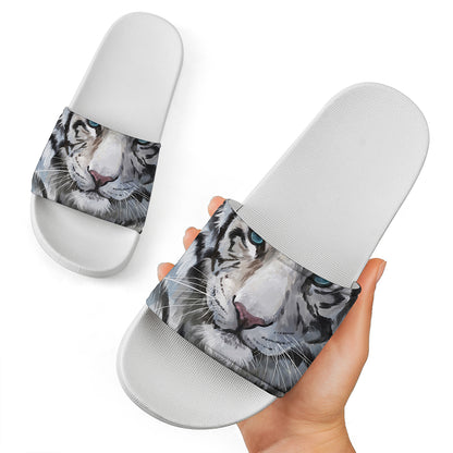 Watercolor White Bengal Tiger Print White Slide Sandals