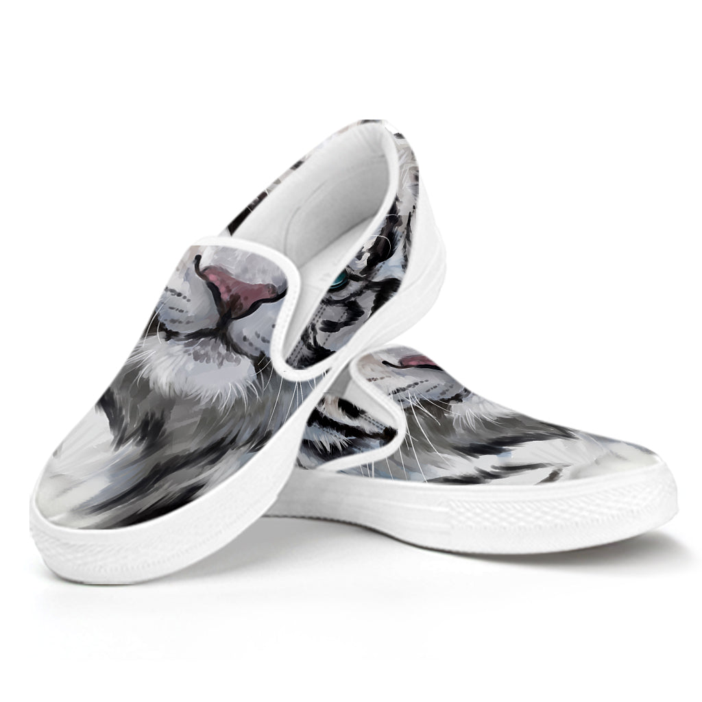 Watercolor White Bengal Tiger Print White Slip On Shoes
