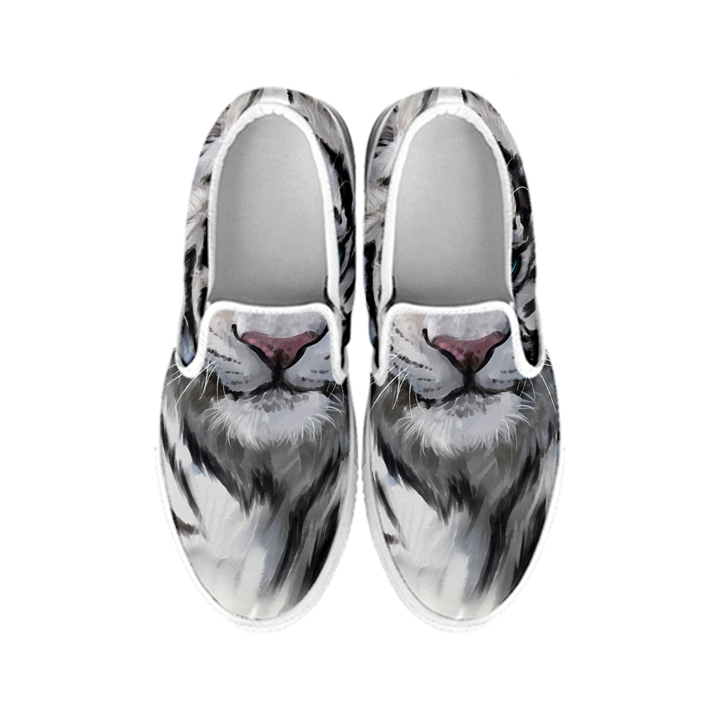 Watercolor White Bengal Tiger Print White Slip On Shoes