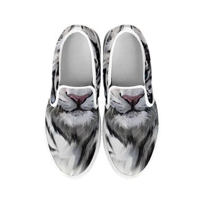 Watercolor White Bengal Tiger Print White Slip On Shoes