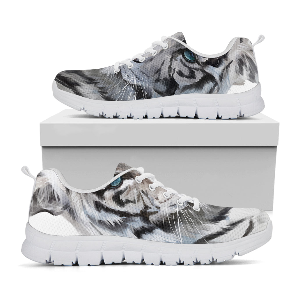 Watercolor White Bengal Tiger Print White Sneakers