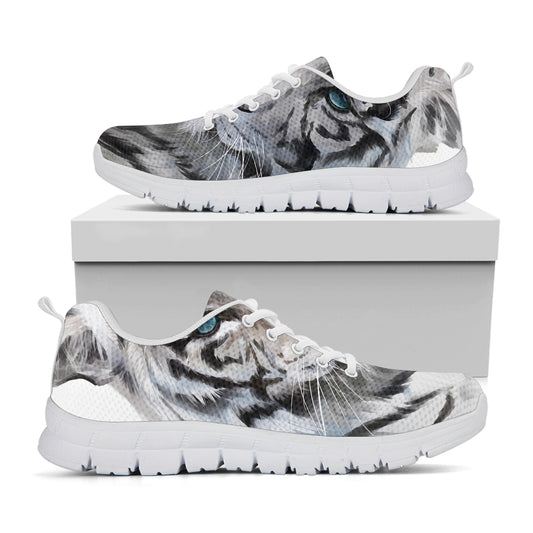 Watercolor White Bengal Tiger Print White Sneakers