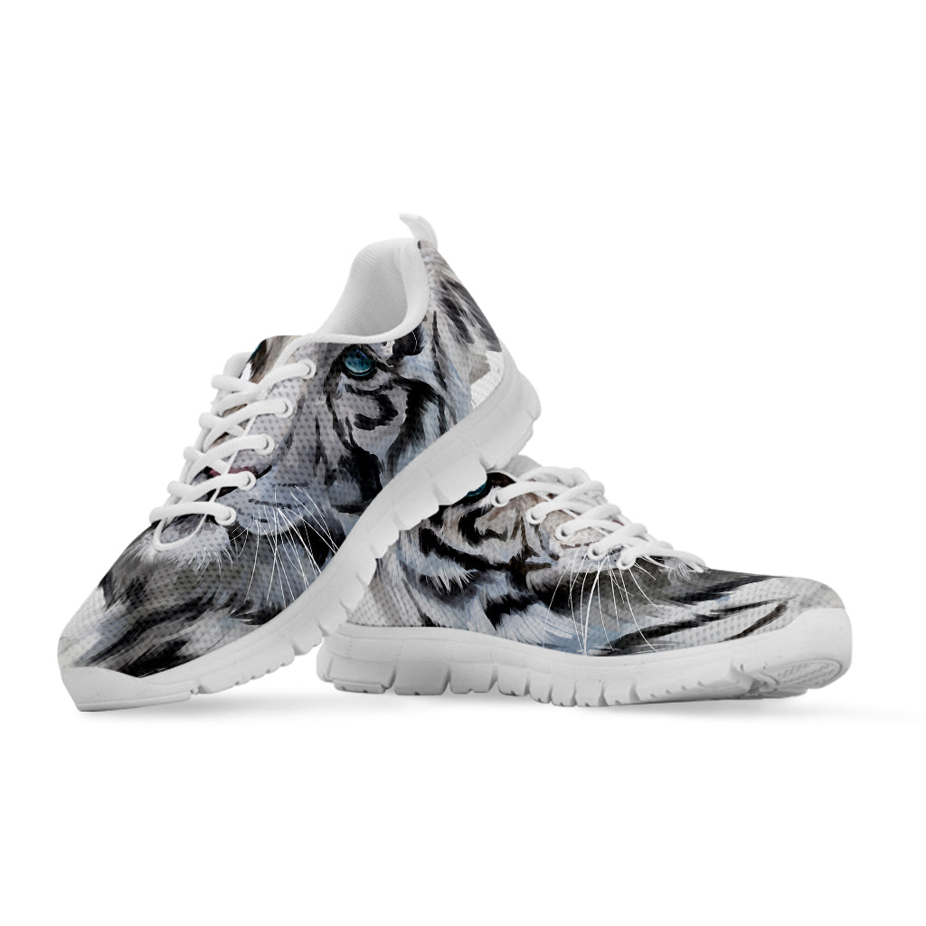 Watercolor White Bengal Tiger Print White Sneakers