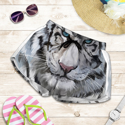 Watercolor White Bengal Tiger Print Women's Shorts