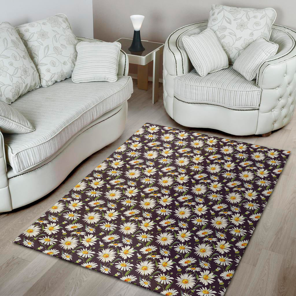 Watercolor White Daisy Pattern Print Area Rug