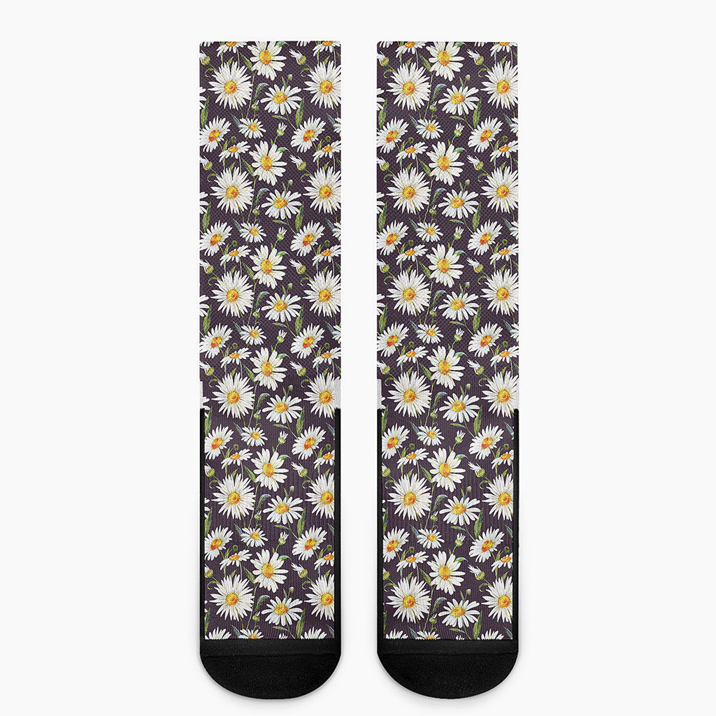 Watercolor White Daisy Pattern Print Crew Socks