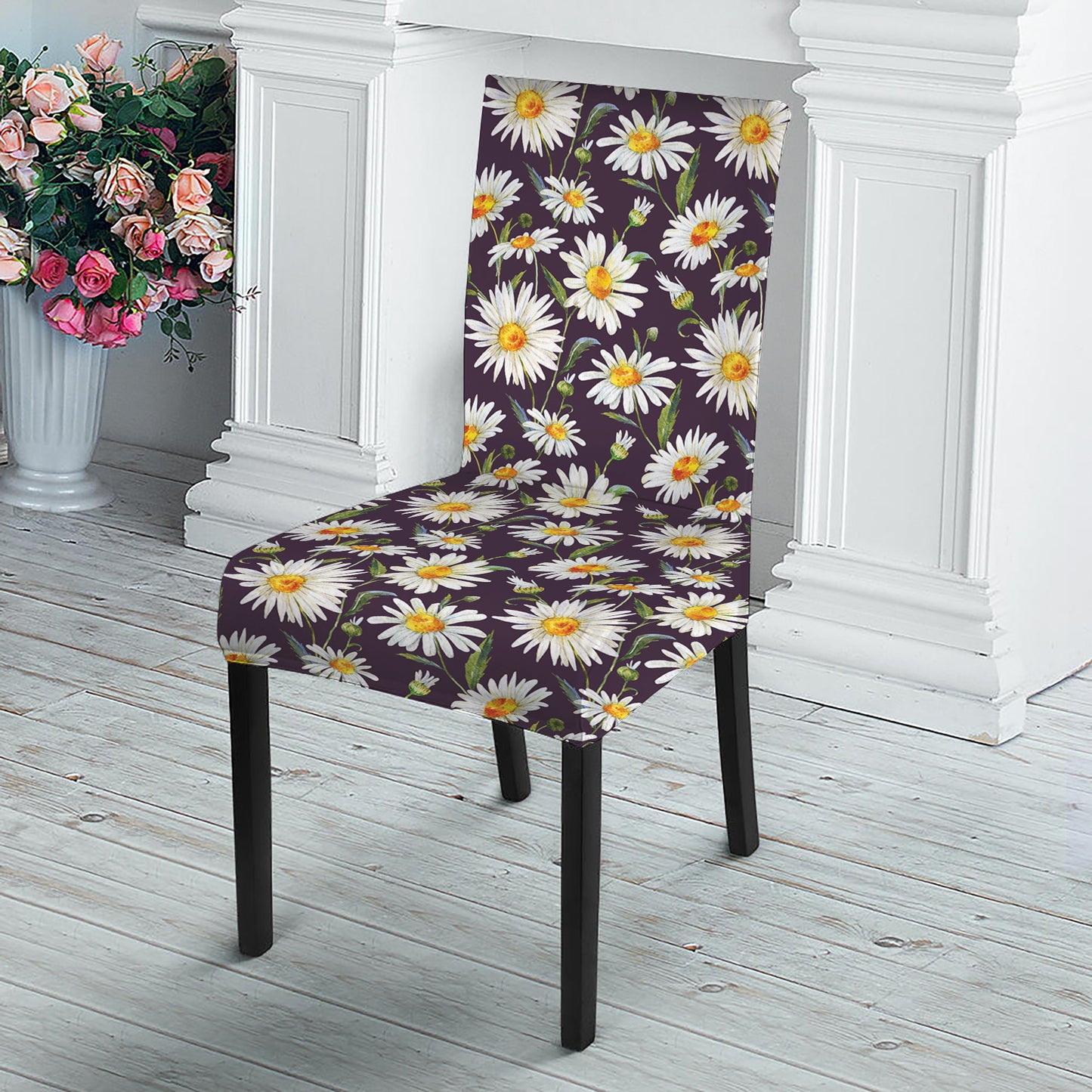 Watercolor White Daisy Pattern Print Dining Chair Slipcover
