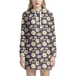 Watercolor White Daisy Pattern Print Hoodie Dress