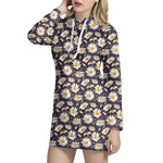 Watercolor White Daisy Pattern Print Hoodie Dress