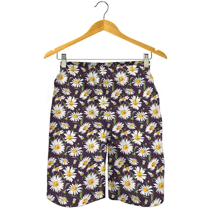 Watercolor White Daisy Pattern Print Men's Shorts