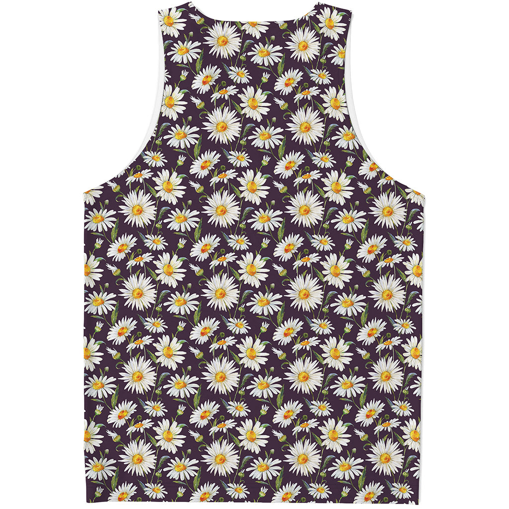 Watercolor White Daisy Pattern Print Men's Tank Top