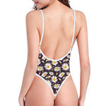 Watercolor White Daisy Pattern Print One Piece High Cut Swimsuit