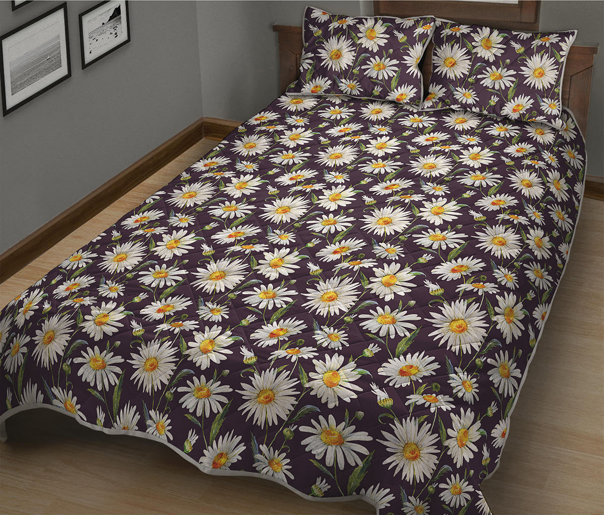 Watercolor White Daisy Pattern Print Quilt Bed Set