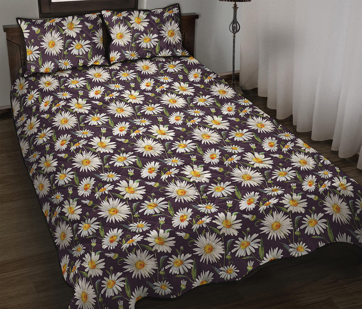 Watercolor White Daisy Pattern Print Quilt Bed Set