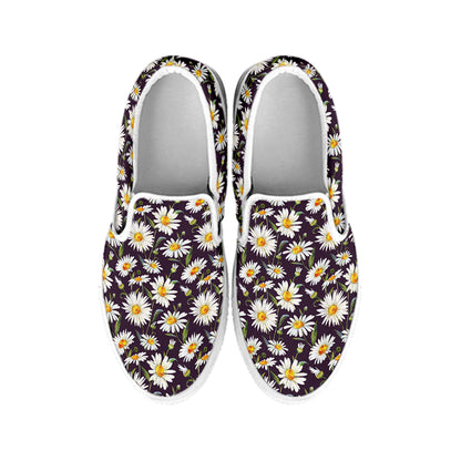 Watercolor White Daisy Pattern Print White Slip On Shoes