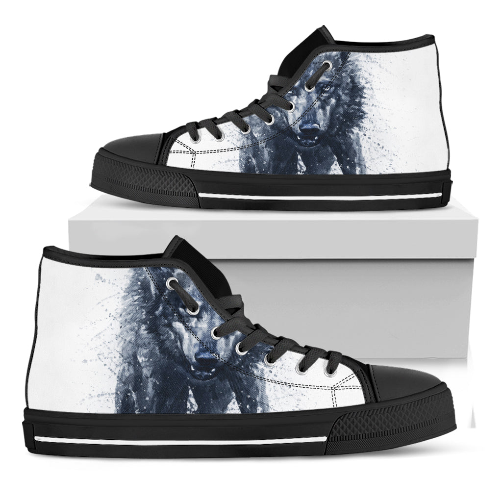 Watercolor Wolf Portrait Print Black High Top Shoes
