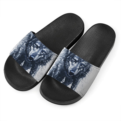 Watercolor Wolf Portrait Print Black Slide Sandals