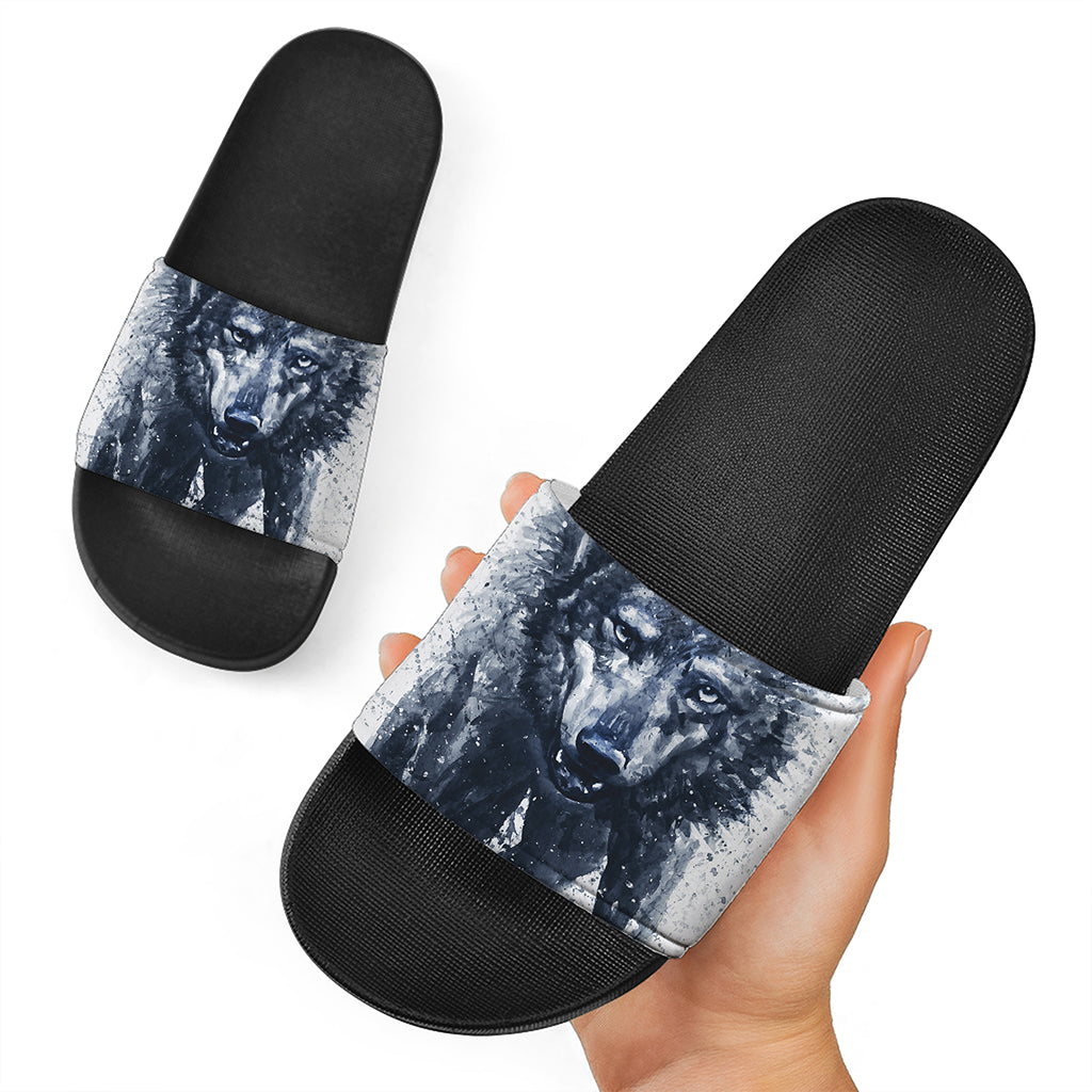 Watercolor Wolf Portrait Print Black Slide Sandals