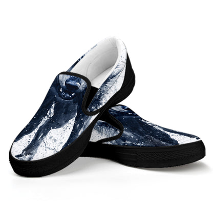 Watercolor Wolf Portrait Print Black Slip On Shoes