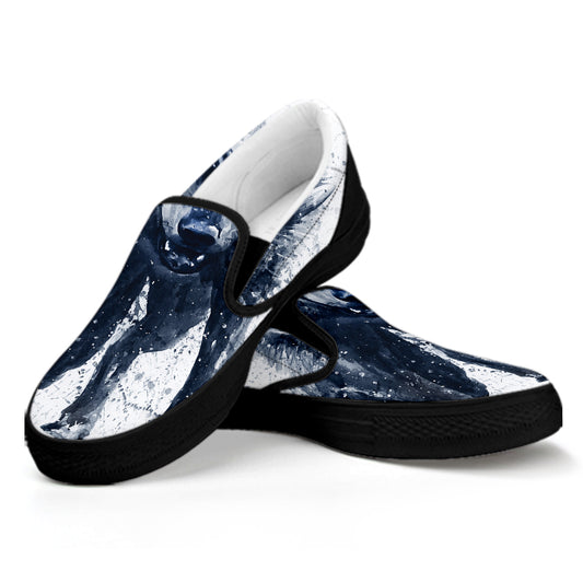 Watercolor Wolf Portrait Print Black Slip On Shoes