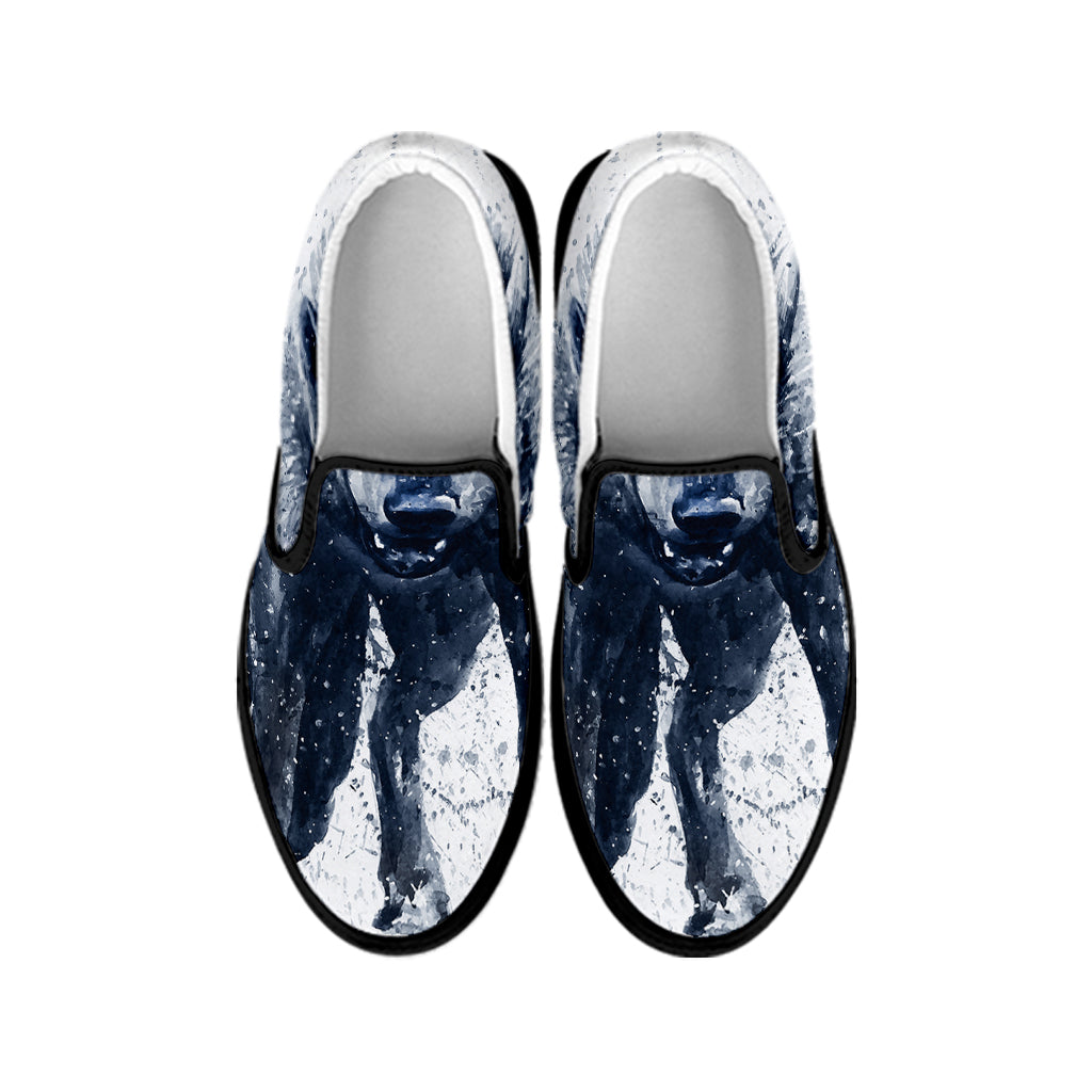 Watercolor Wolf Portrait Print Black Slip On Shoes