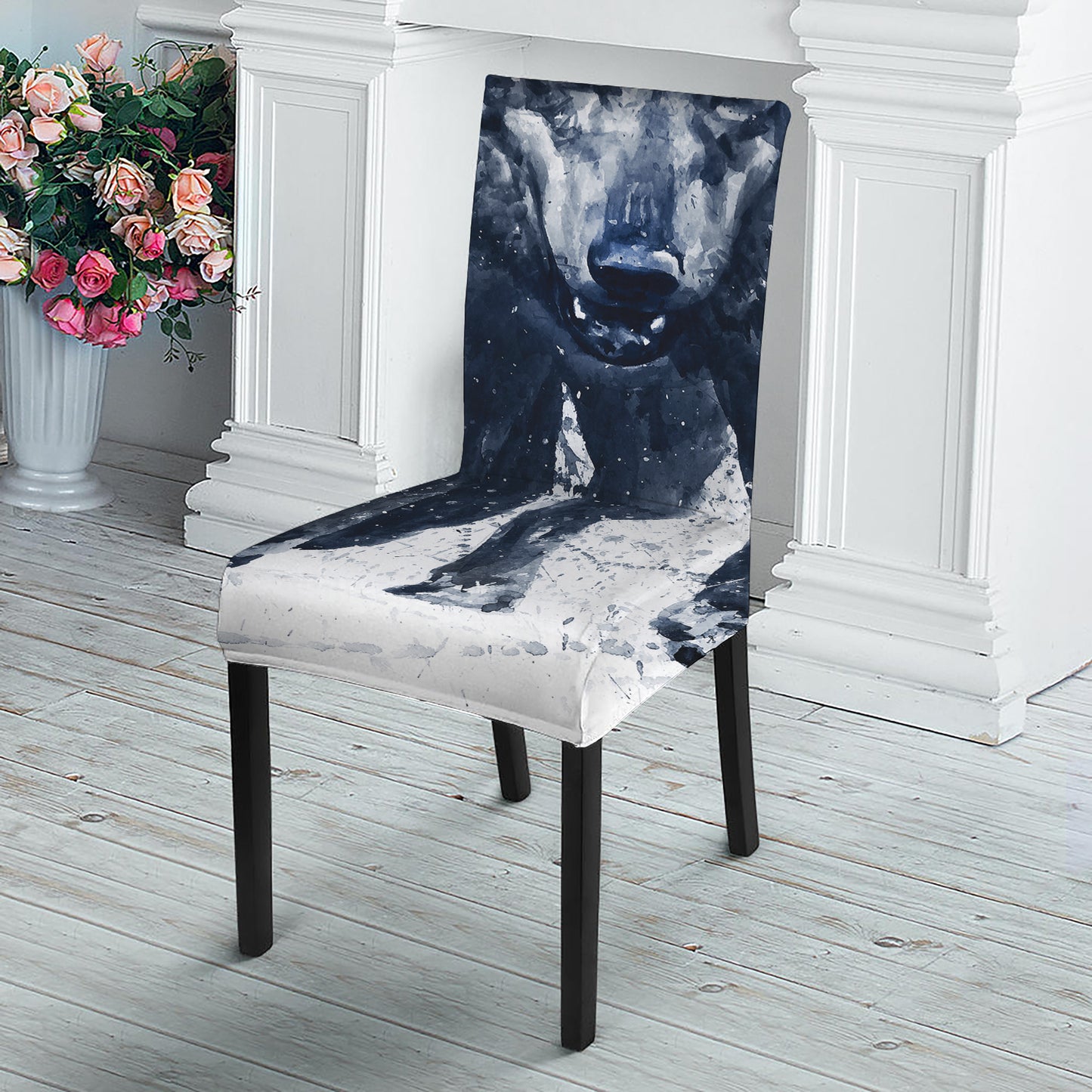 Watercolor Wolf Portrait Print Dining Chair Slipcover
