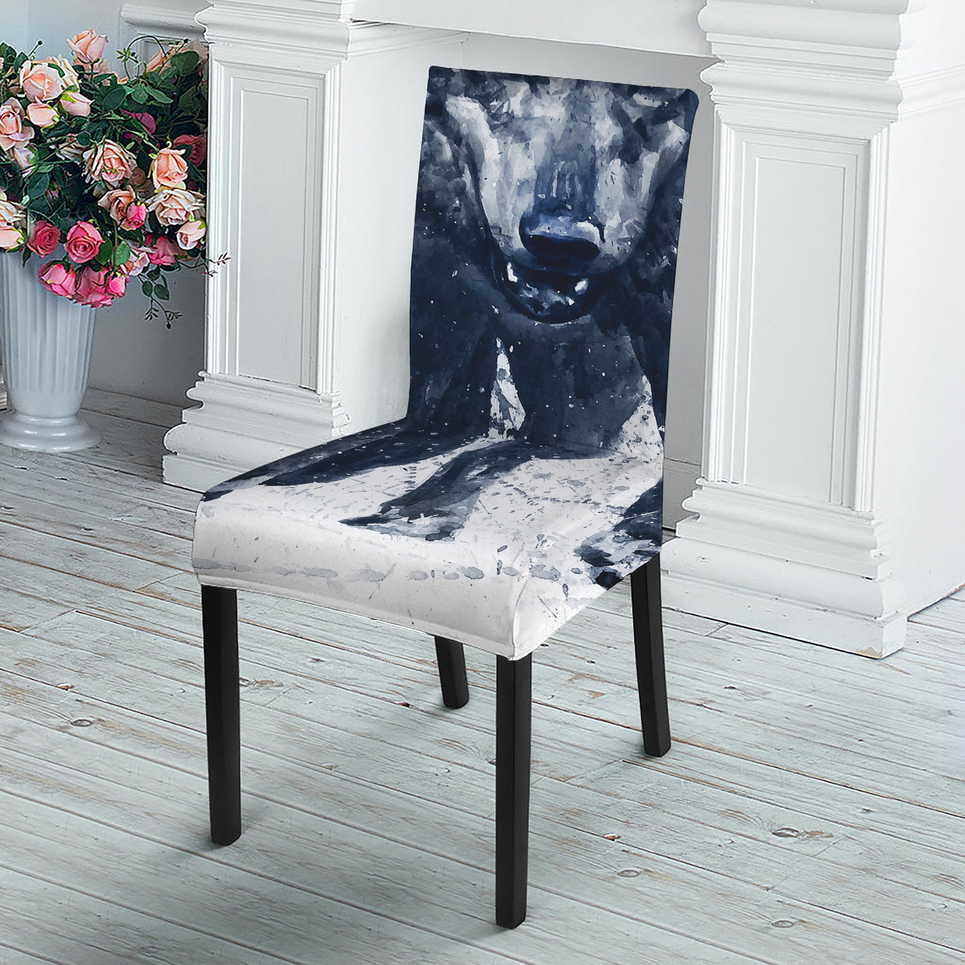 Watercolor Wolf Portrait Print Dining Chair Slipcover