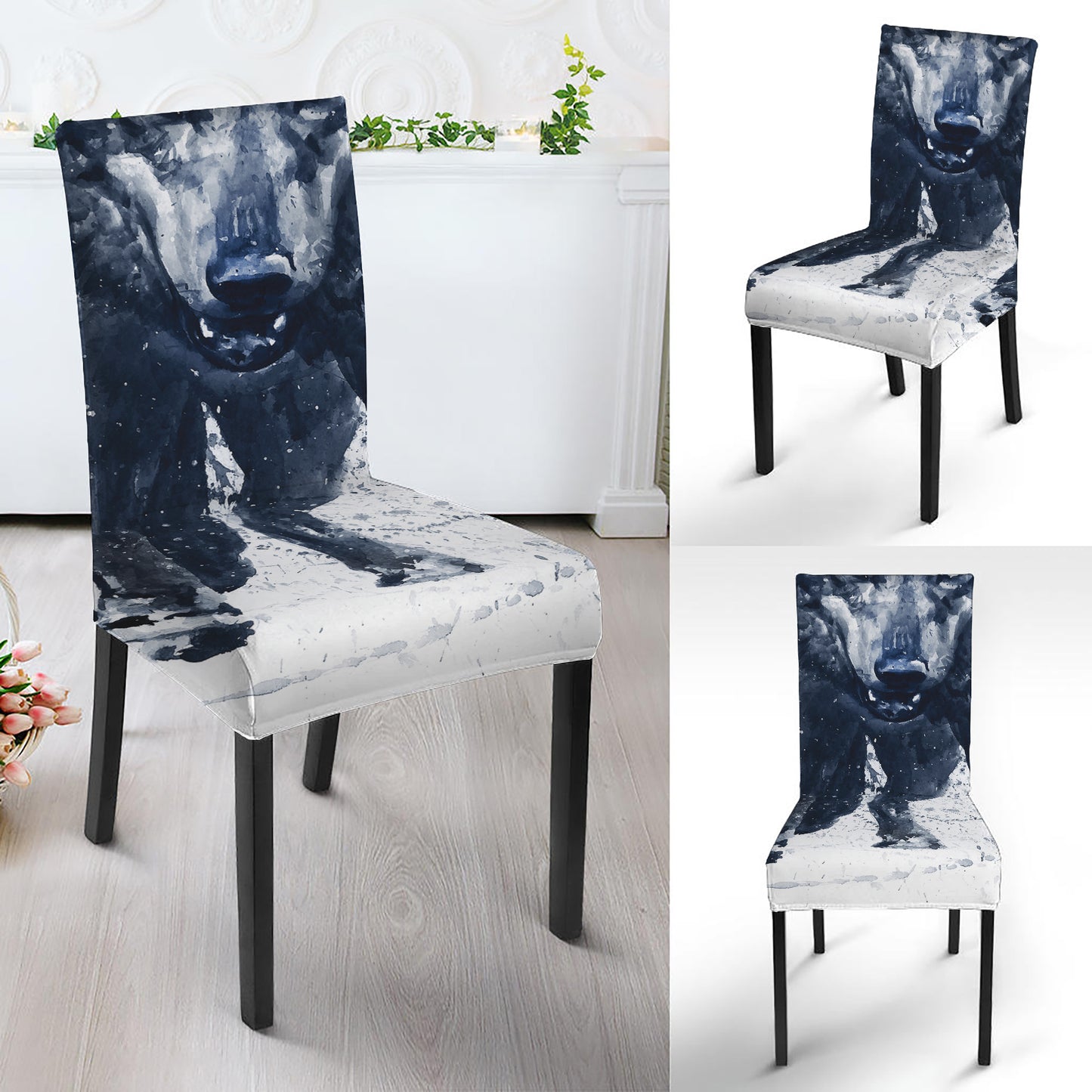 Watercolor Wolf Portrait Print Dining Chair Slipcover