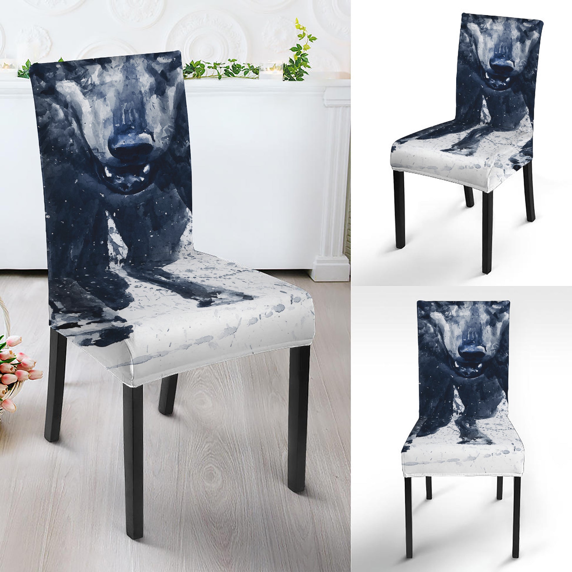 Watercolor Wolf Portrait Print Dining Chair Slipcover