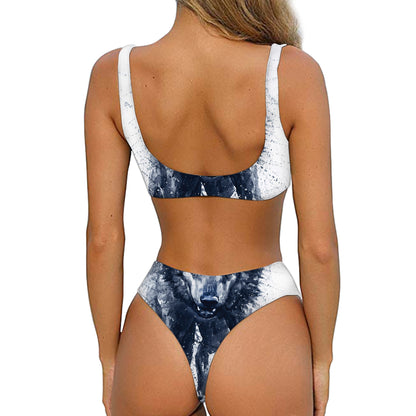 Watercolor Wolf Portrait Print Front Bow Tie Bikini