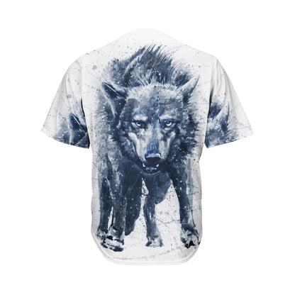 Watercolor Wolf Portrait Print Men's Baseball Jersey