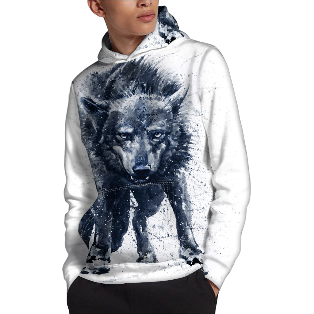 Watercolor Wolf Portrait Print Pullover Hoodie