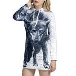 Watercolor Wolf Portrait Print Pullover Hoodie Dress