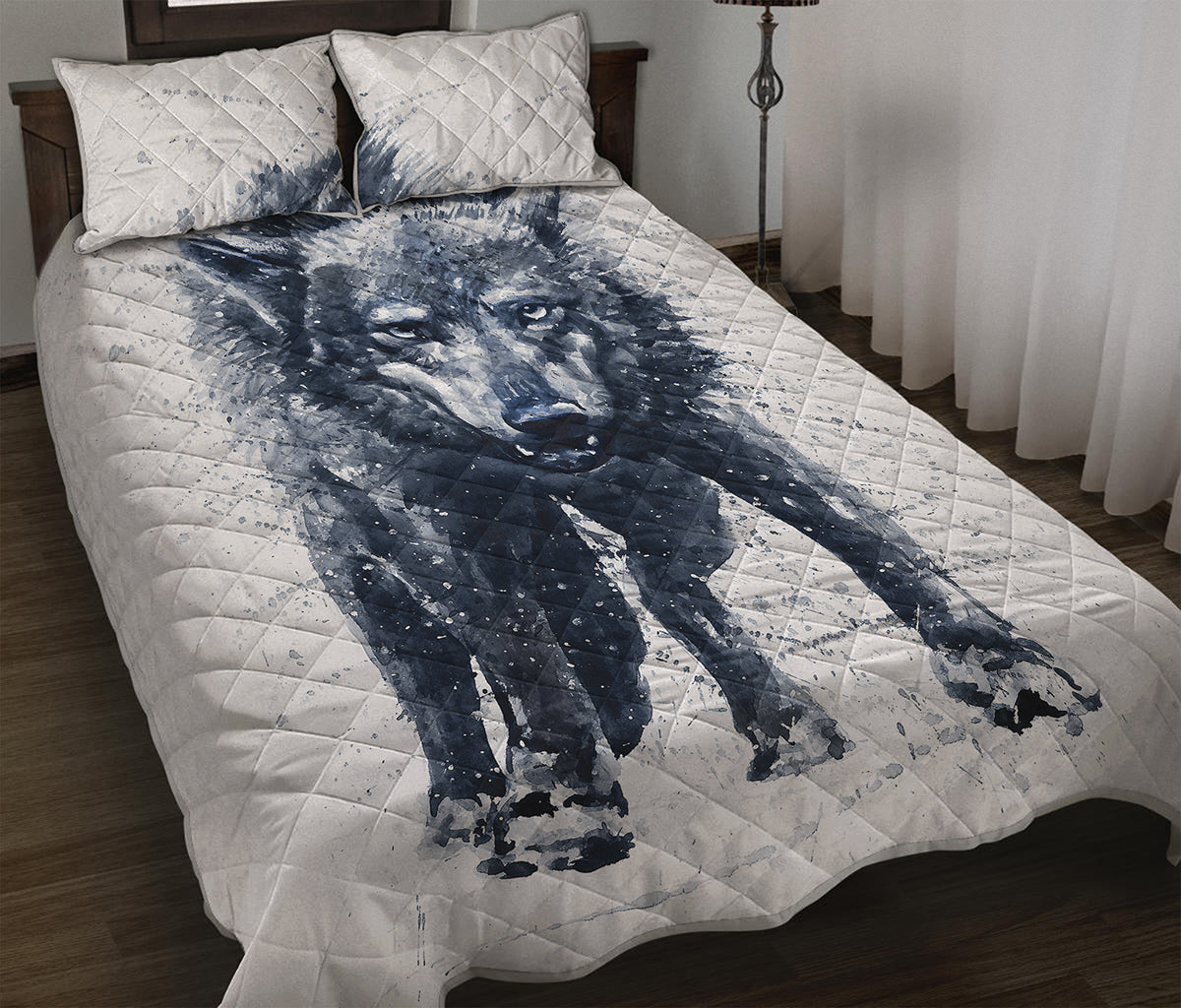 Watercolor Wolf Portrait Print Quilt Bed Set