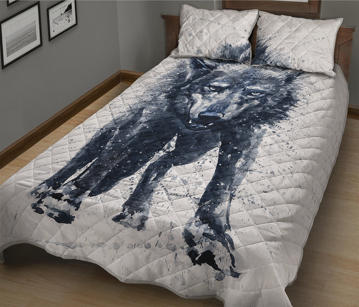 Watercolor Wolf Portrait Print Quilt Bed Set