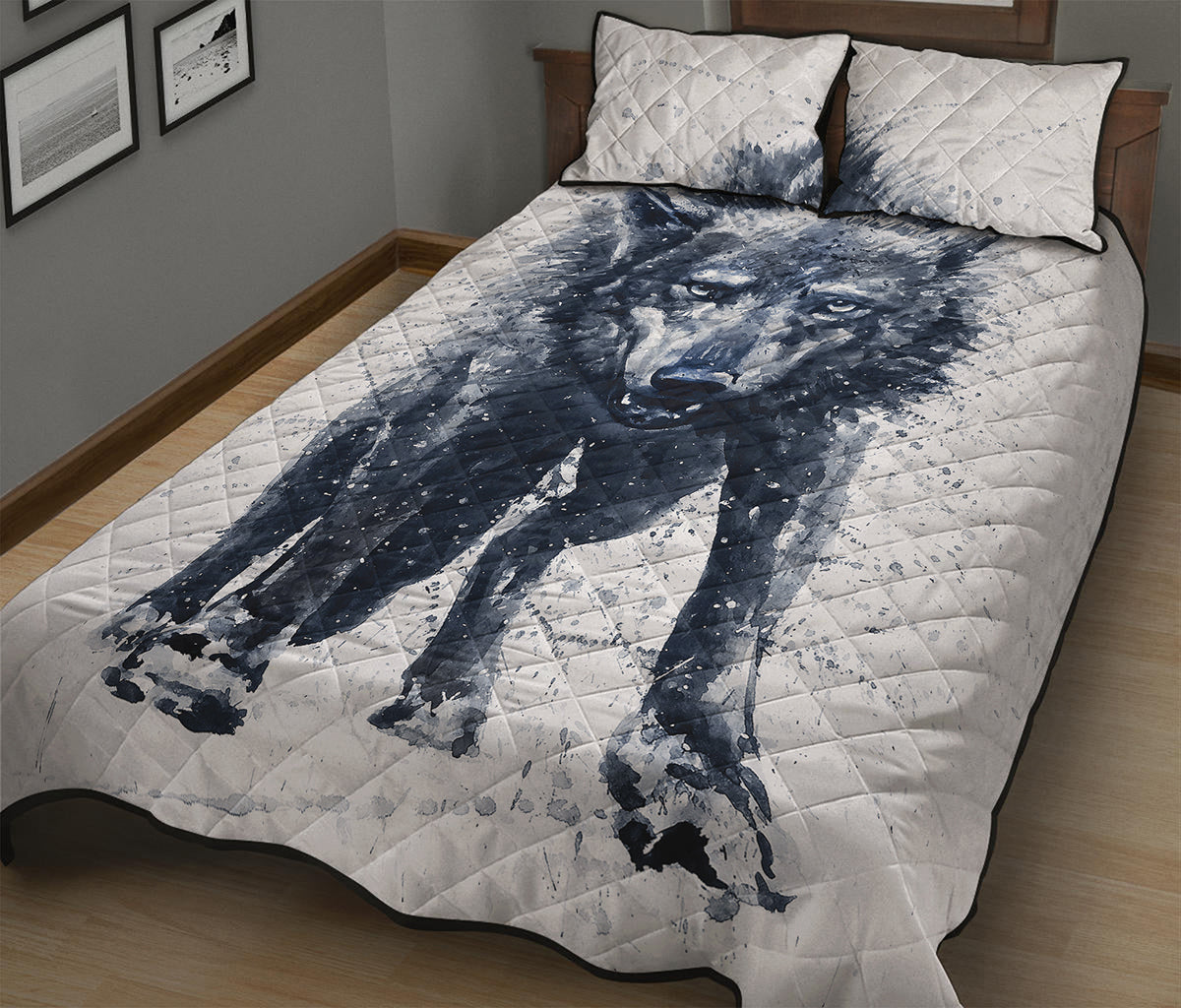 Watercolor Wolf Portrait Print Quilt Bed Set