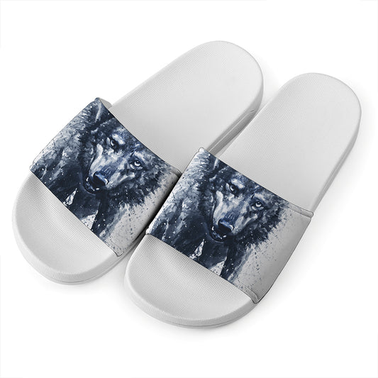 Watercolor Wolf Portrait Print White Slide Sandals