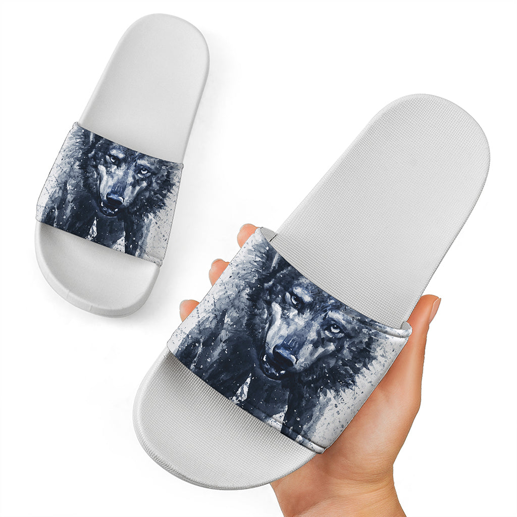 Watercolor Wolf Portrait Print White Slide Sandals