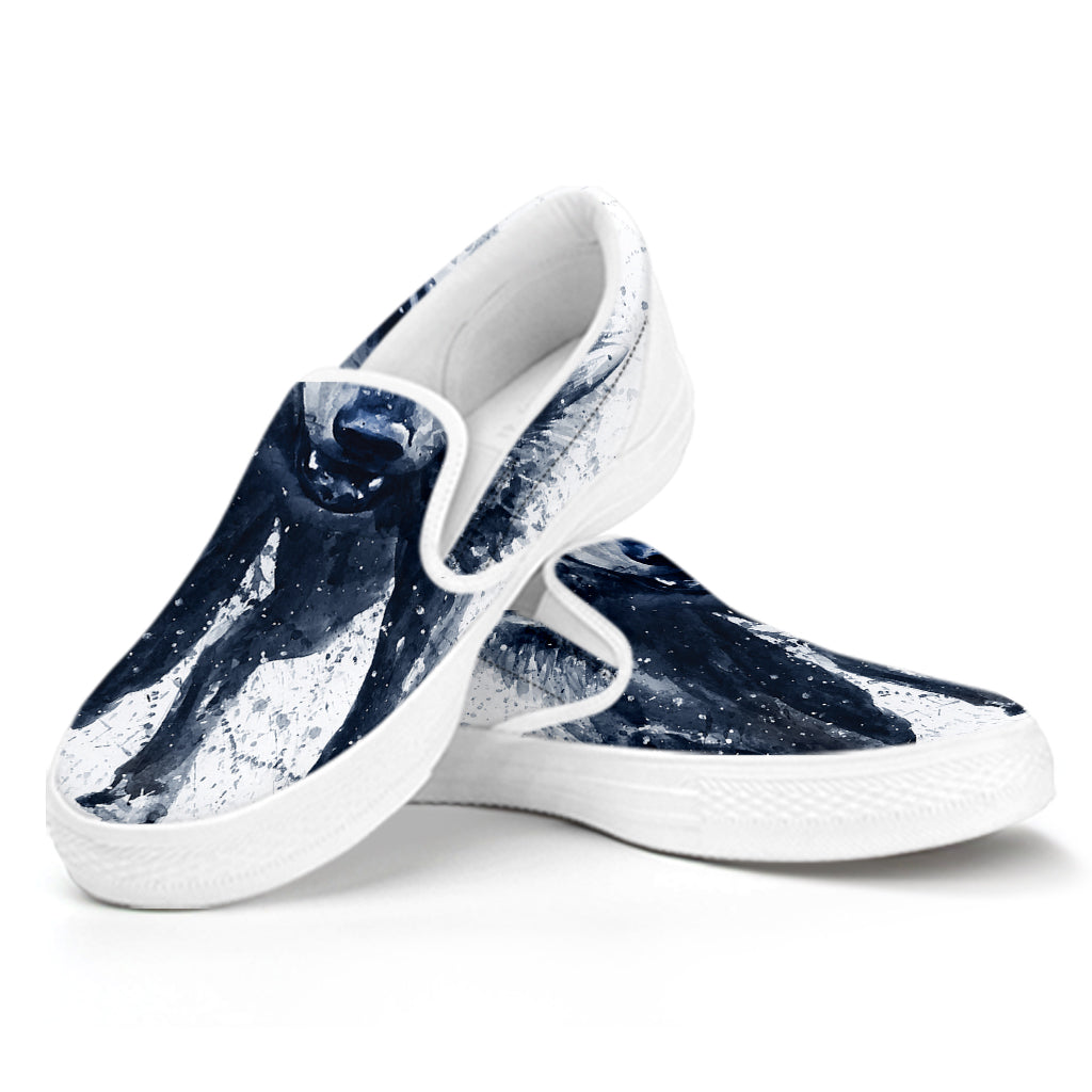 Watercolor Wolf Portrait Print White Slip On Shoes