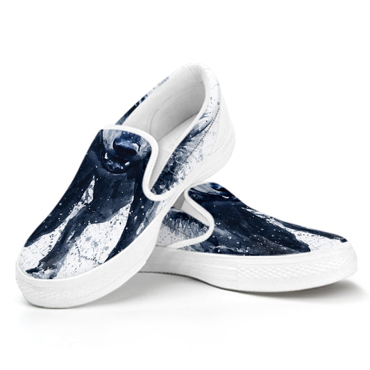 Watercolor Wolf Portrait Print White Slip On Shoes