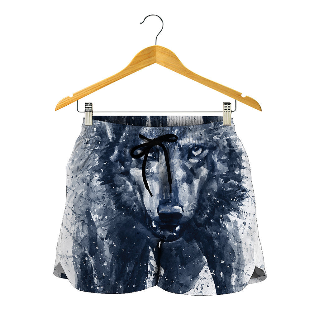 Watercolor Wolf Portrait Print Women's Shorts