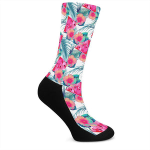 Watermelon Teal Hawaiian Pattern Print Crew Socks