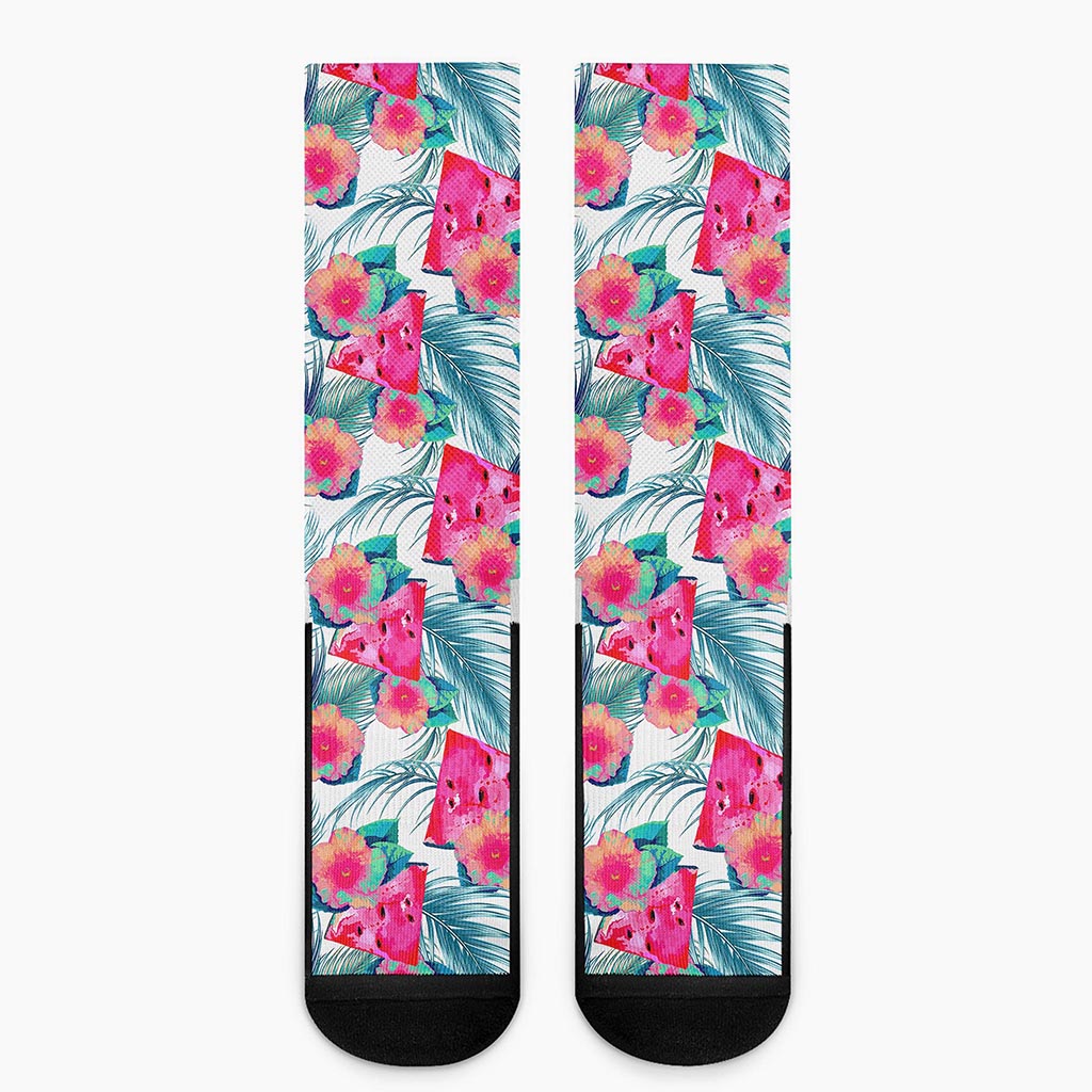 Watermelon Teal Hawaiian Pattern Print Crew Socks