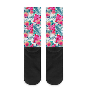 Watermelon Teal Hawaiian Pattern Print Crew Socks