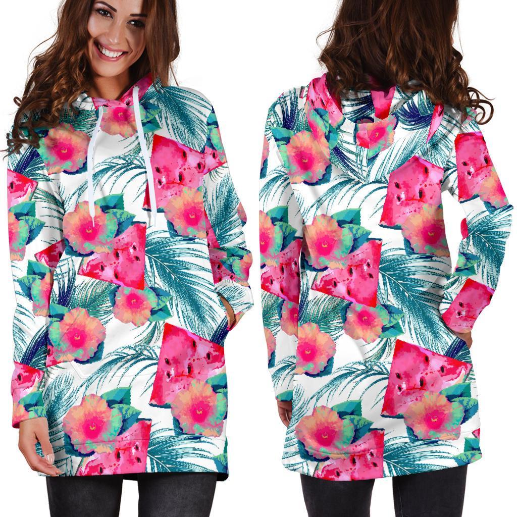 Watermelon Teal Hawaiian Pattern Print Hoodie Dress GearFrost
