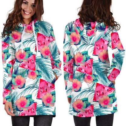 Watermelon Teal Hawaiian Pattern Print Hoodie Dress GearFrost
